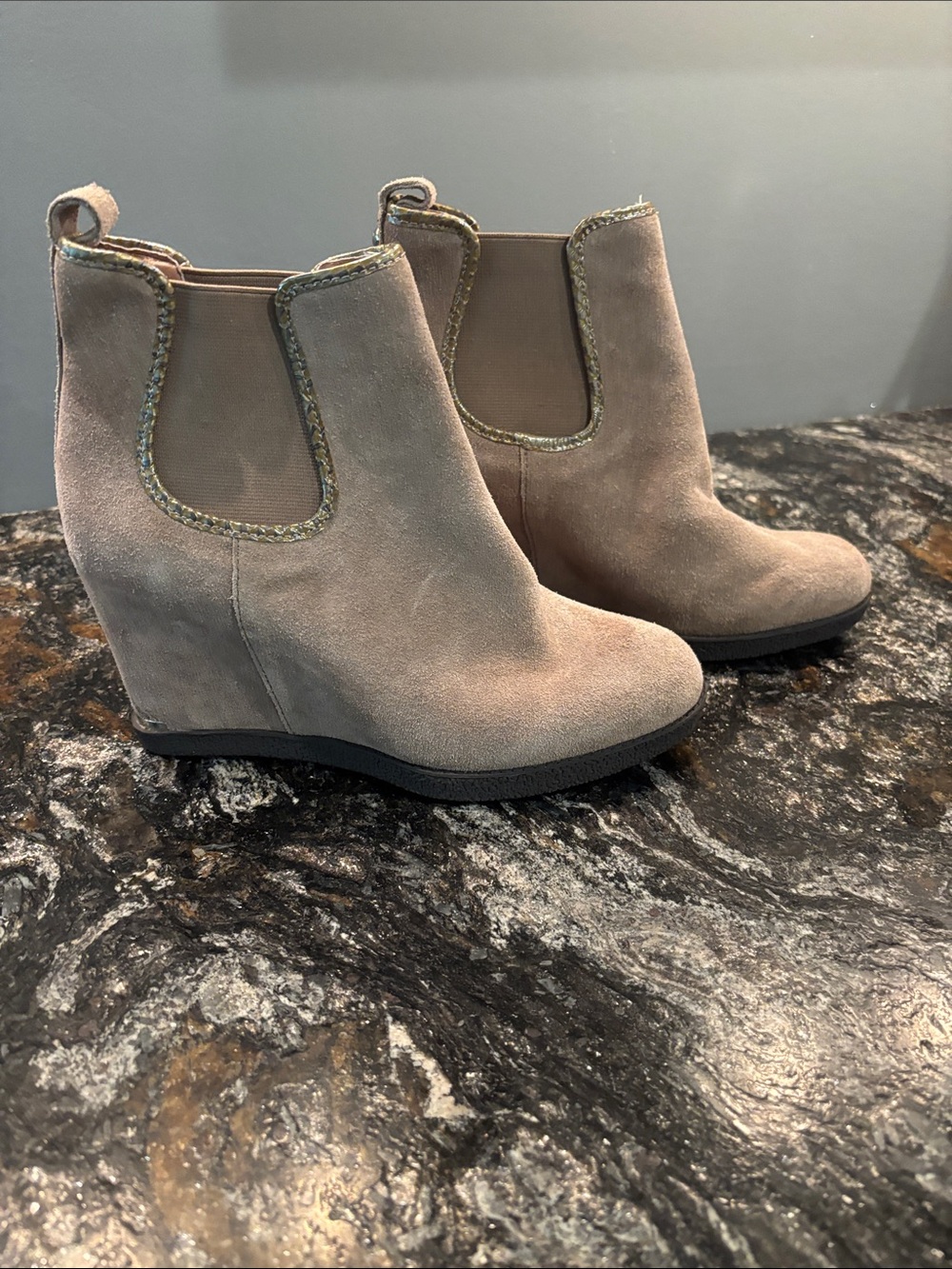 Donald J. Pliner Taupe Suede Wedge Chelsea Booties with Braided Trim